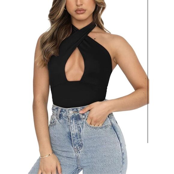 NEW REORIA Criss Cross Halter Neck Bodysuit Top Clubwear L - Picture 3 of 6
